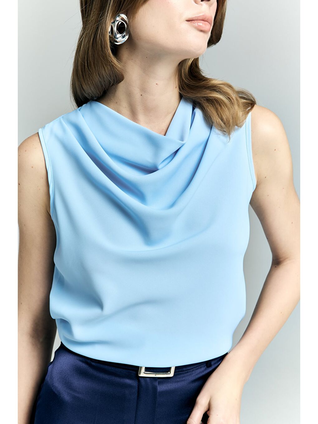 Degaje Yaka Kolsuz Bluz - Mavi-6