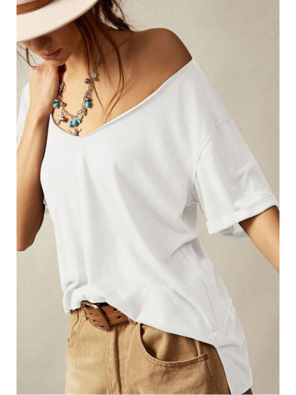 Beyaz Kadın Lacivert Oversize-Salaş V Yaka Basic Tişört-3