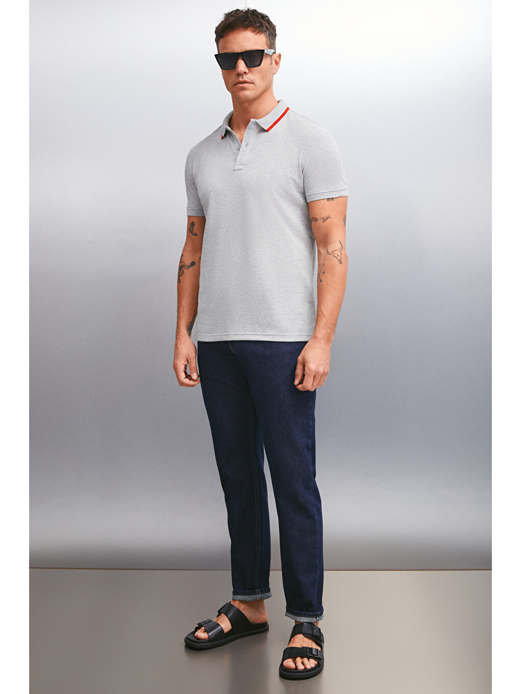 Rhodes Erkek Gri Melanj Polo Yaka T-shirt-1