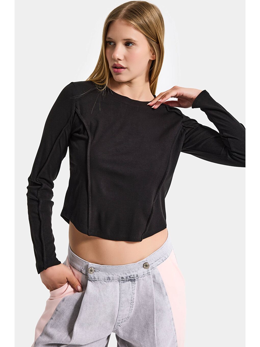 Kadın Siyah Renk w5 Organik Kumaş Crop Fit Body-1