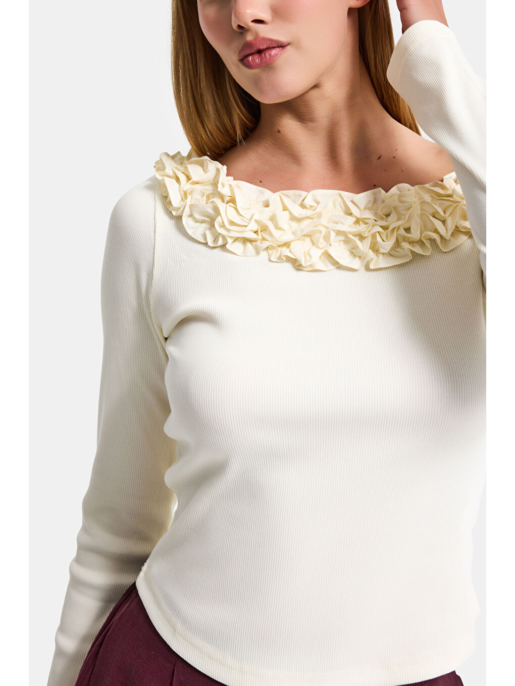 Kadın Ekru Sarı w5 Organik Pamuk Kumaş Tek Kol ve Gül Detaylı Tasarım Bluz-2