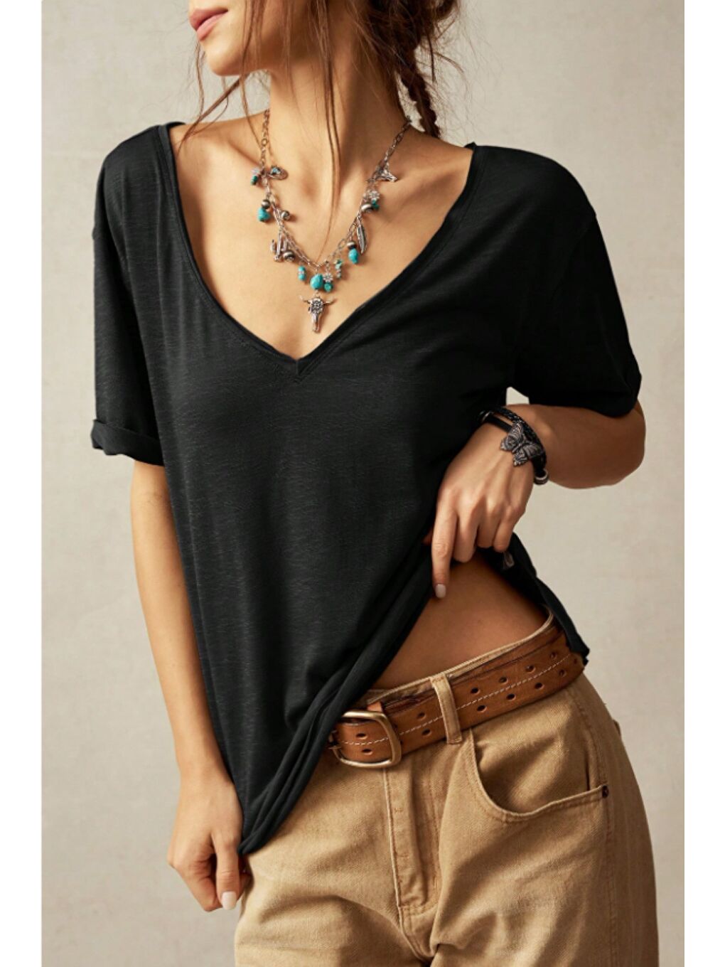 Siyah Kadın Lacivert Oversize-Salaş V Yaka Basic Tişört-1