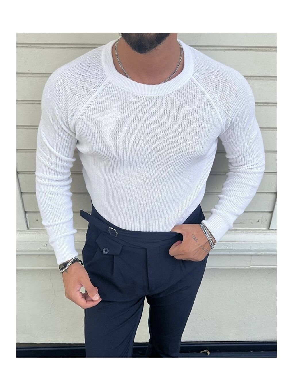 Beyaz Erkek Bisiklet Yaka Triko Kazak