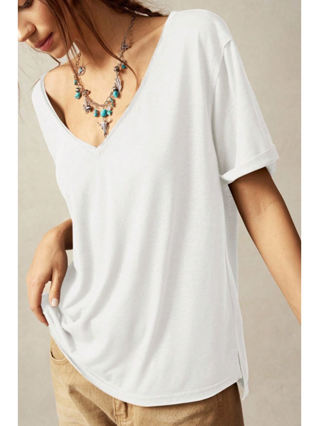 Beyaz Kadın Lacivert Oversize-Salaş V Yaka Basic Tişört-5