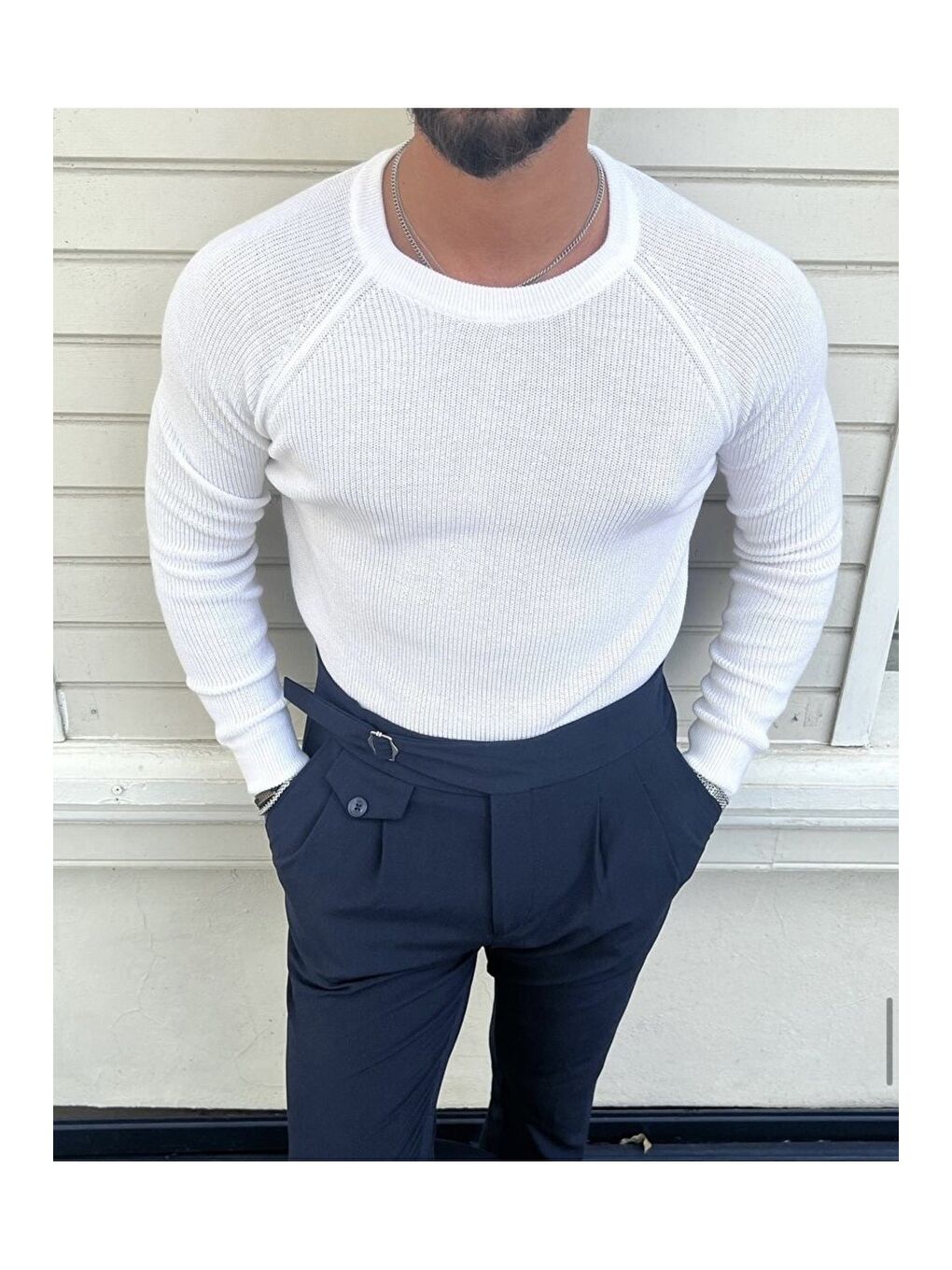 Beyaz Erkek Bisiklet Yaka Triko Kazak-1