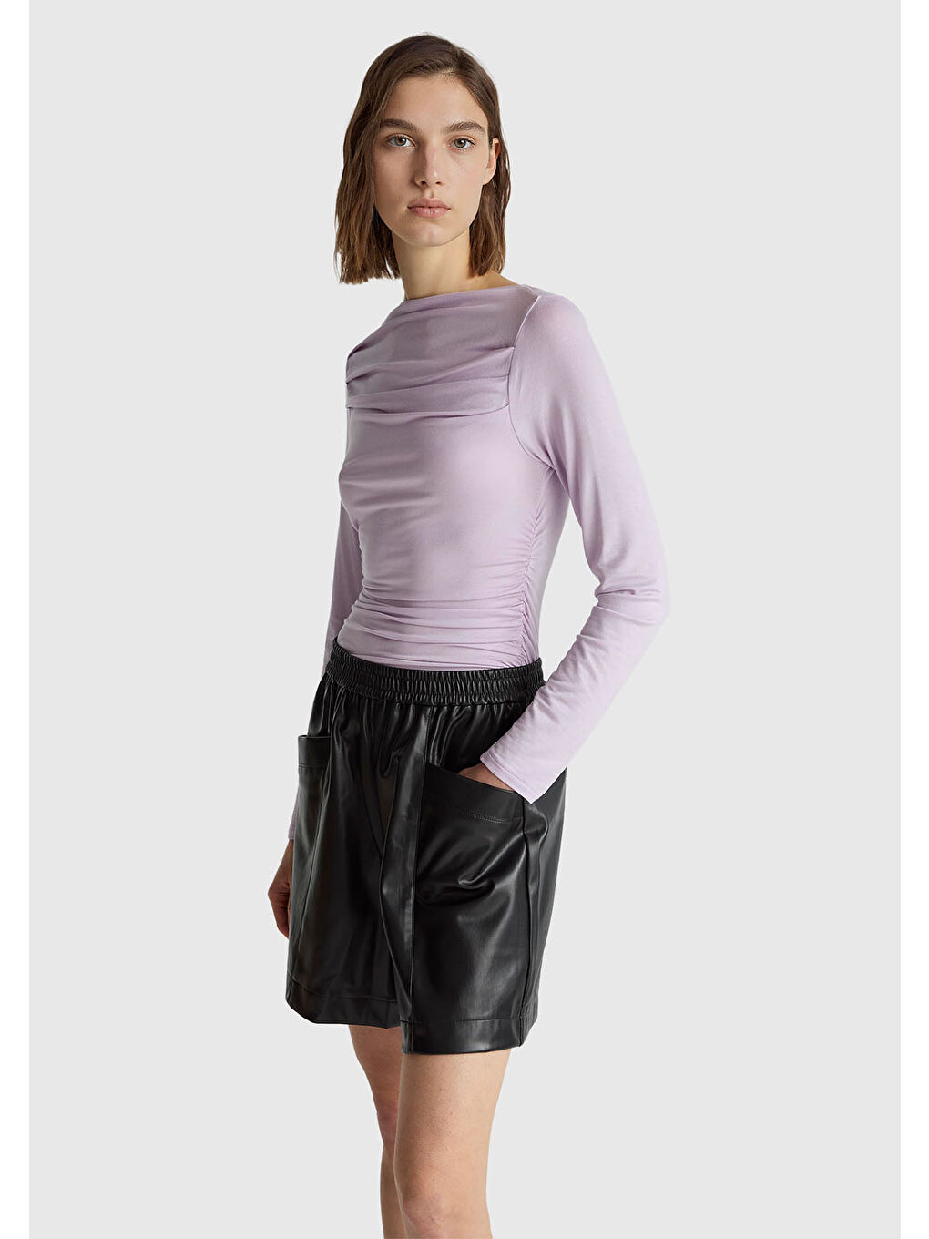 Kadın Lila Modal Karışımlı Slim Fit Kayık Yaka Uzun Kollu T-Shirt