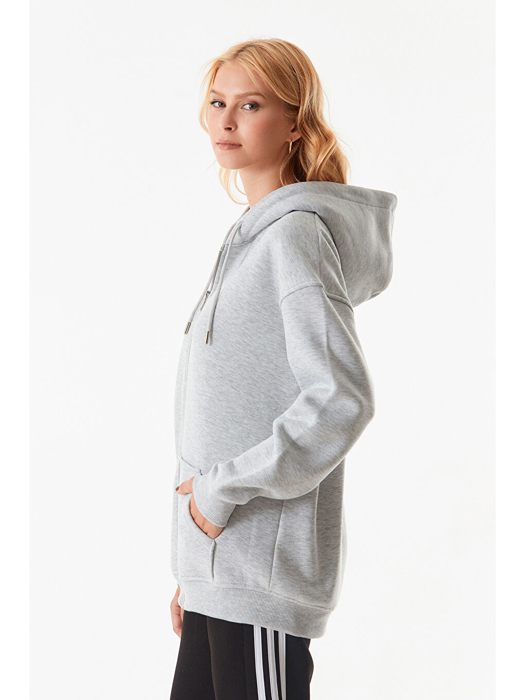 Fullamoda Gri Basic Fermuarlı Kapüşonlu Oversize Sweatshirt - 4