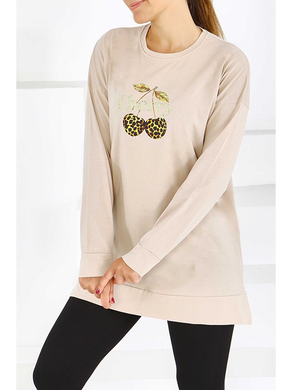 Uzun Kollu Baskılı Süprem Tunik Bej - 27587-1