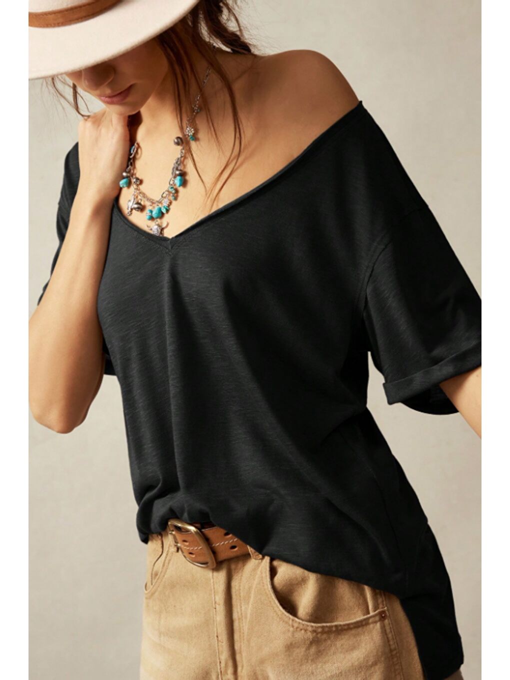 Siyah Kadın Lacivert Oversize-Salaş V Yaka Basic Tişört-2