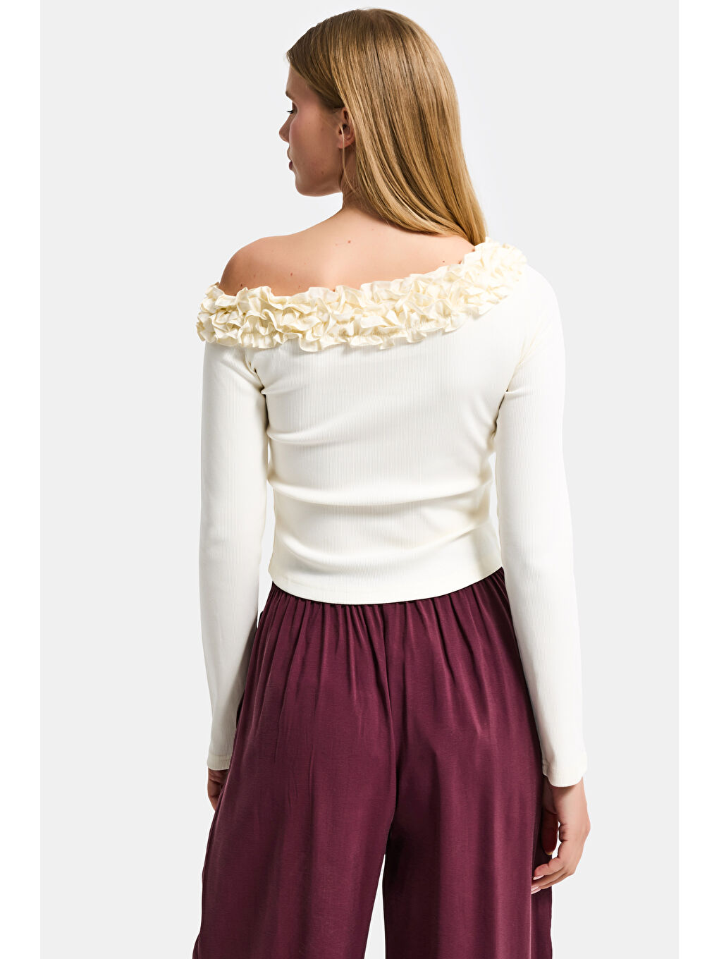 Kadın Ekru Sarı w5 Organik Pamuk Kumaş Tek Kol ve Gül Detaylı Tasarım Bluz-3