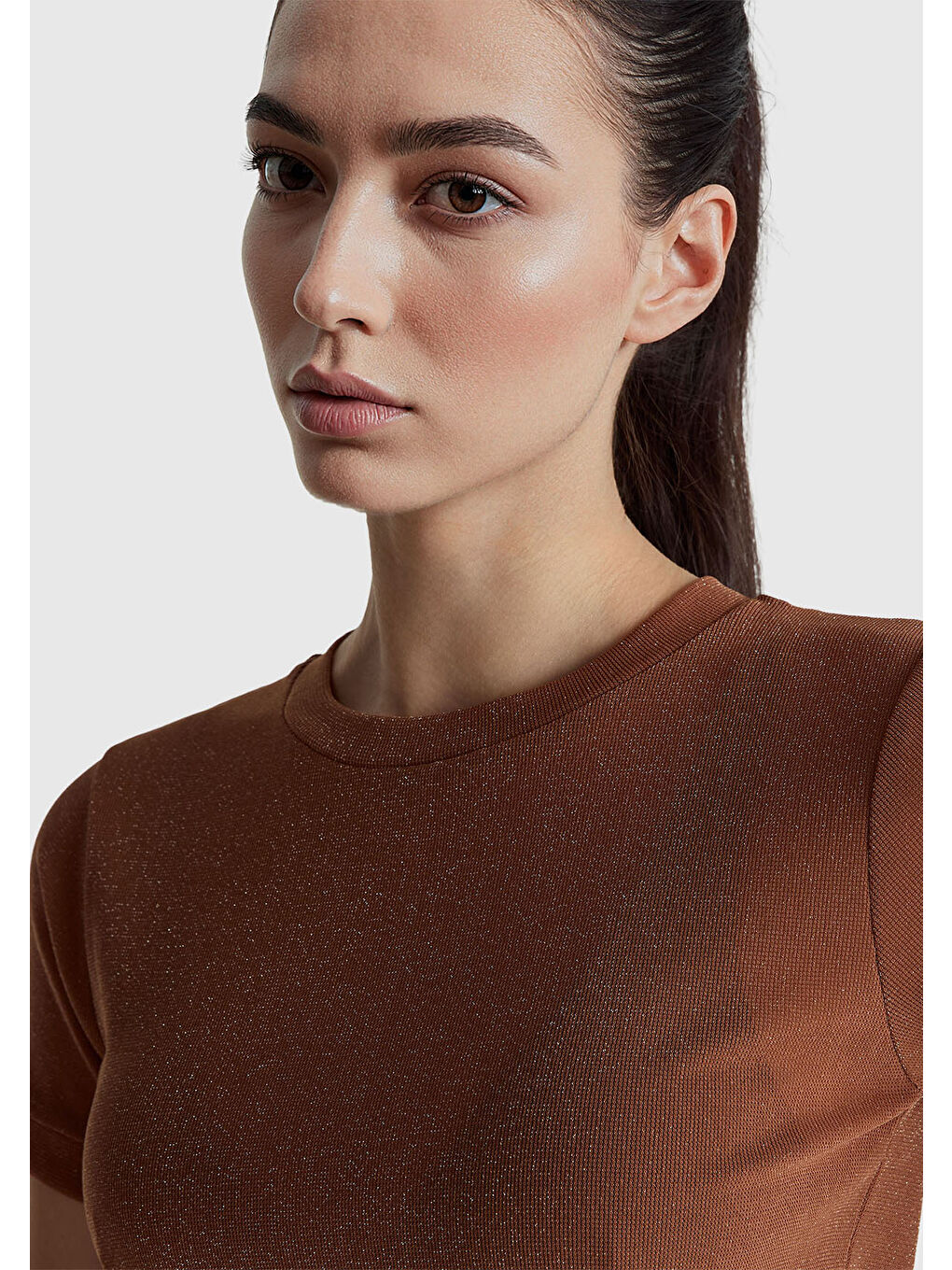 Kadın Koyu Kahverengi Simli Bisiklet Yaka Slim Fit T-Shirt-5