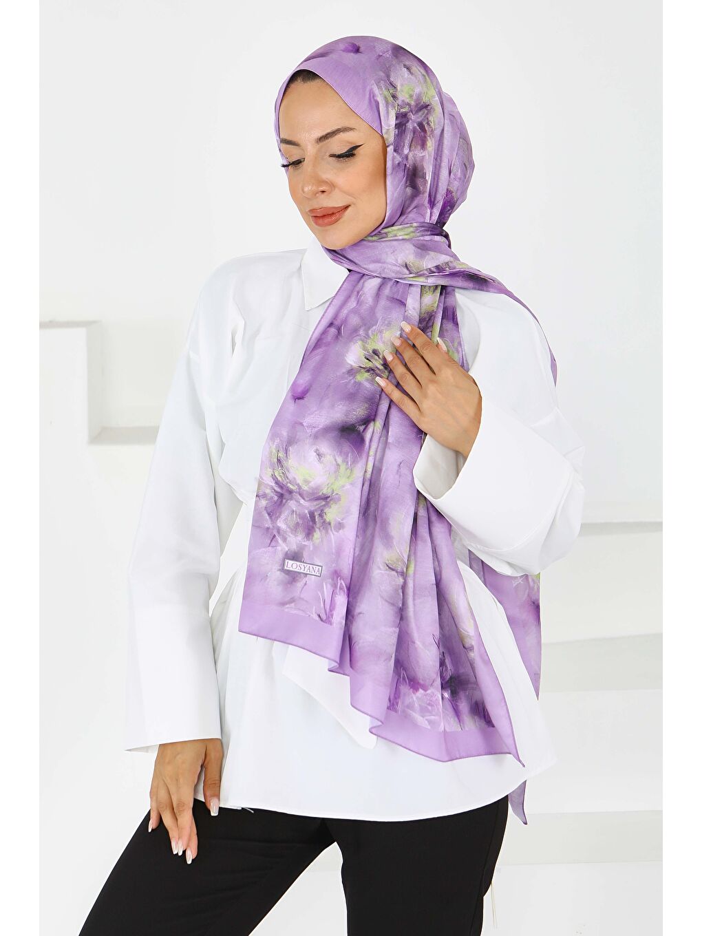 Flower Serisi Lotus Desenli Şal Lila - 27596-1