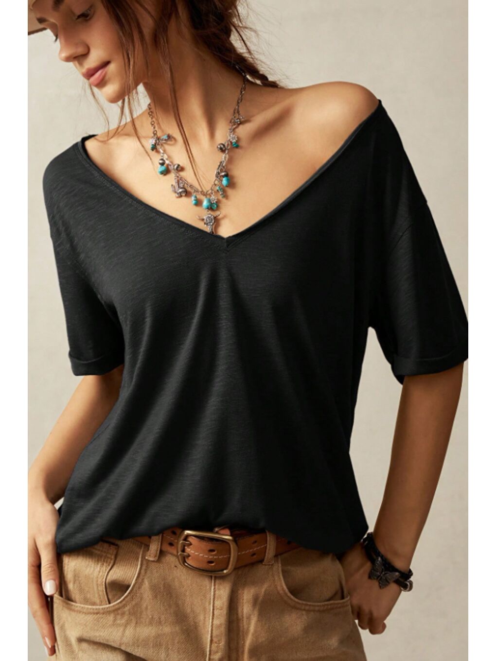 Siyah Kadın Lacivert Oversize-Salaş V Yaka Basic Tişört-3