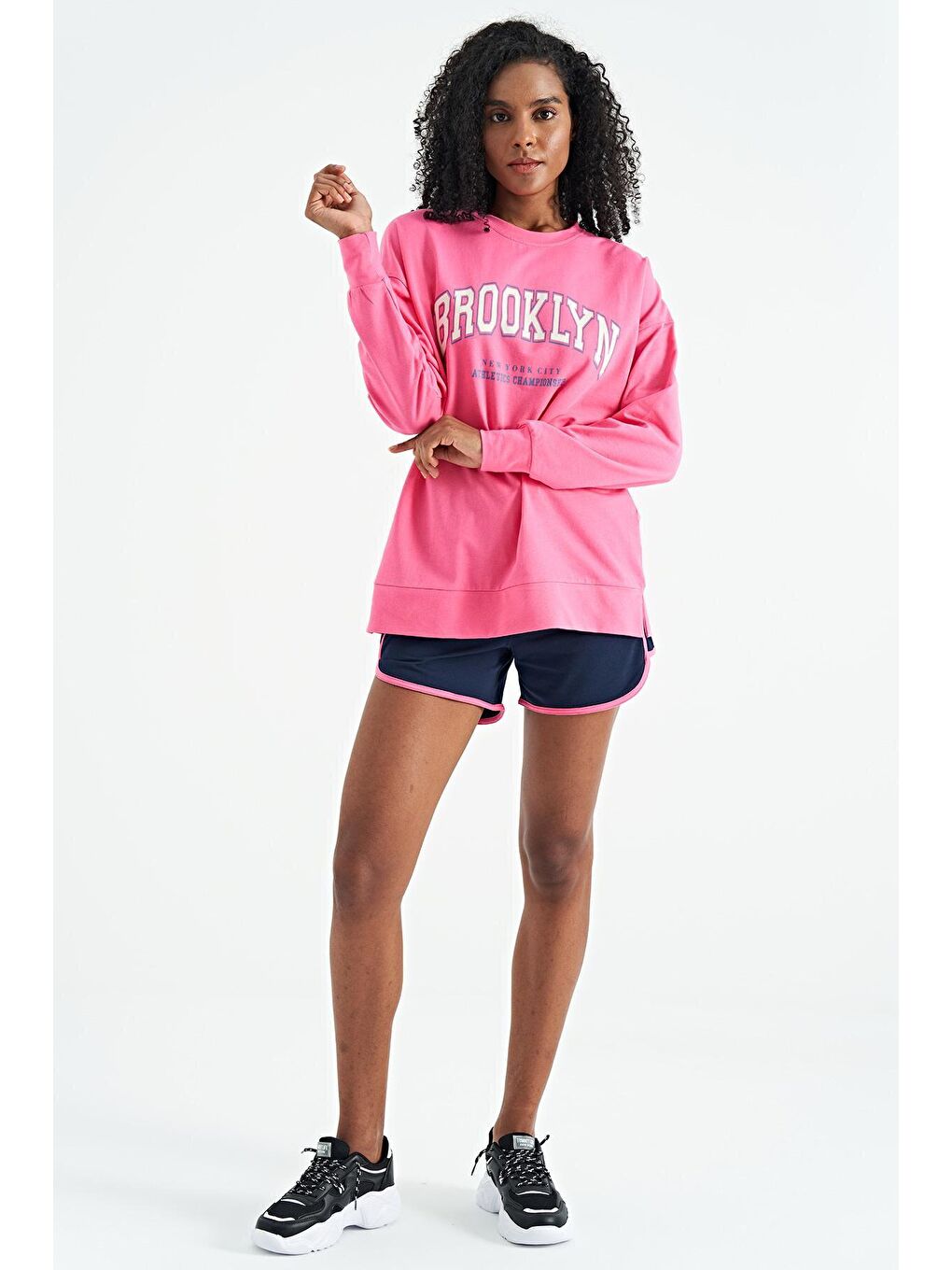 Veryperi Pembe Şeker Pembe Bisiklet Yaka Rahat Kalıp Basic Kadın Sweatshirt - 02106 - 3