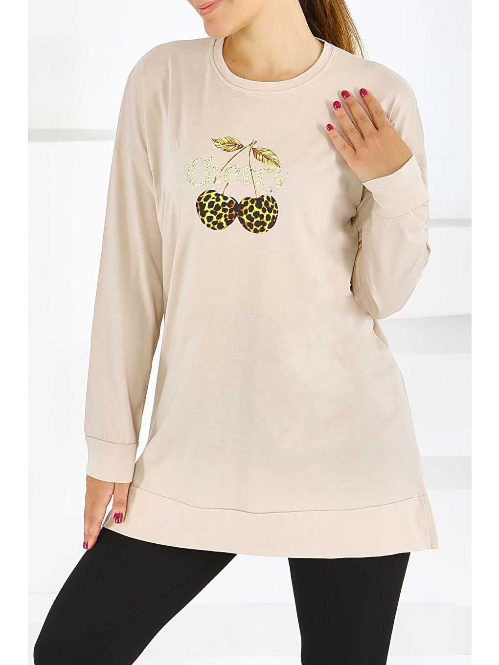 Uzun Kollu Baskılı Süprem Tunik Bej - 27587-2