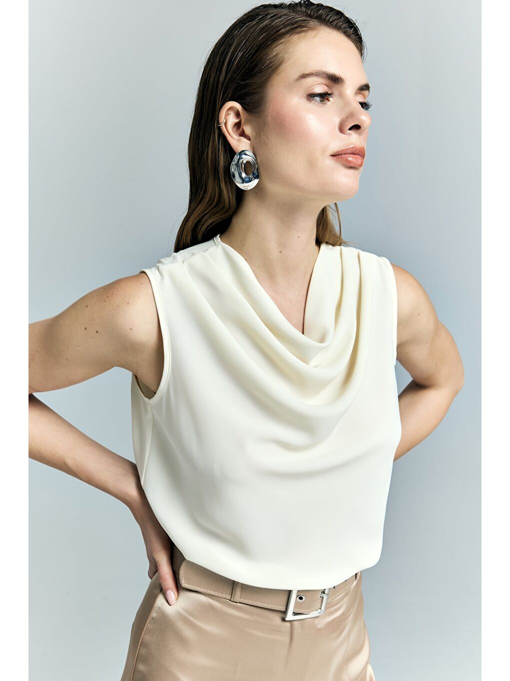 Degaje Yaka Kolsuz Bluz - Sarı-1