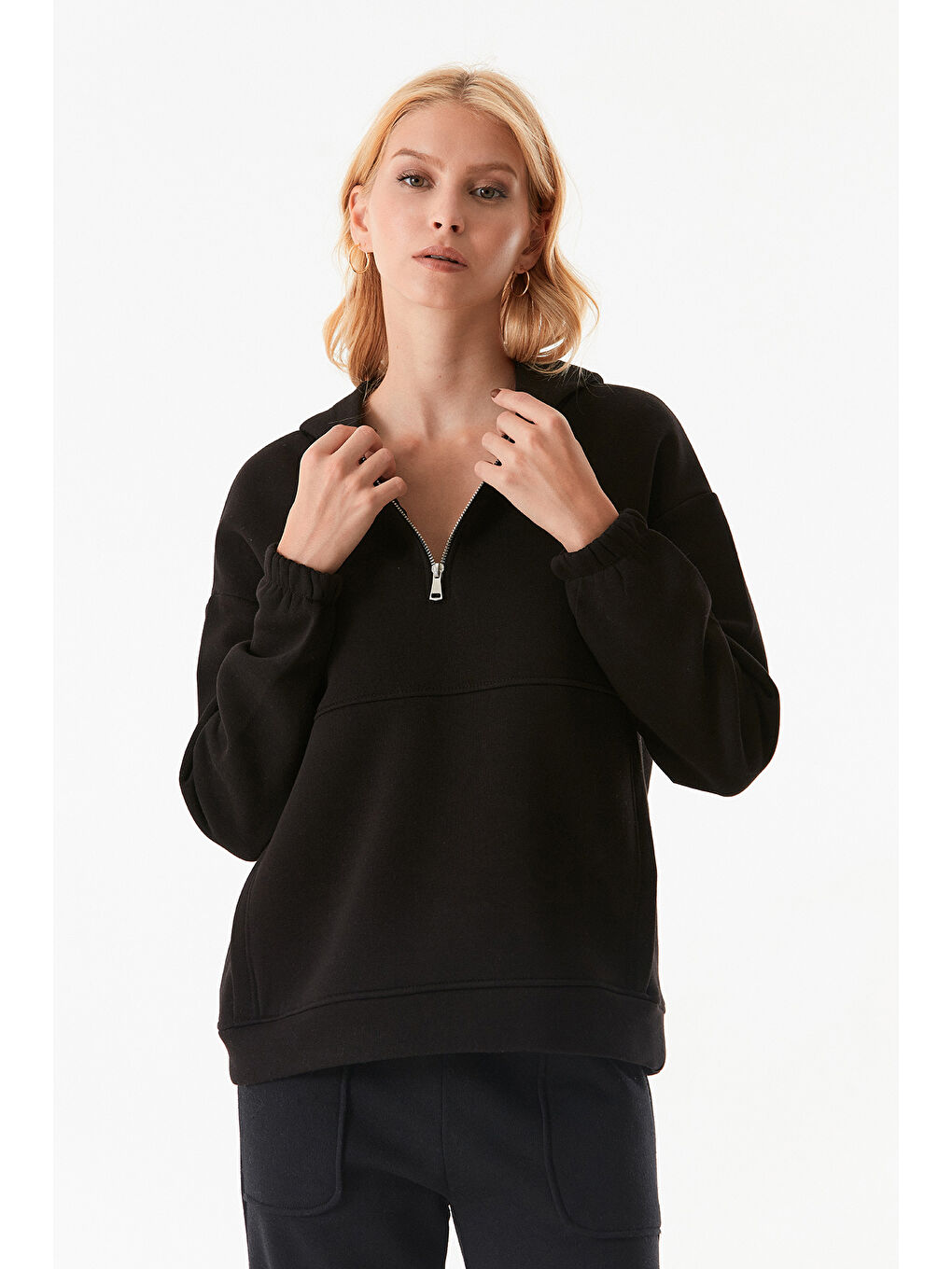 Fullamoda Siyah Basic Oversize Yarım Fermuarlı Kapüşonlu Sweatshirt - 4