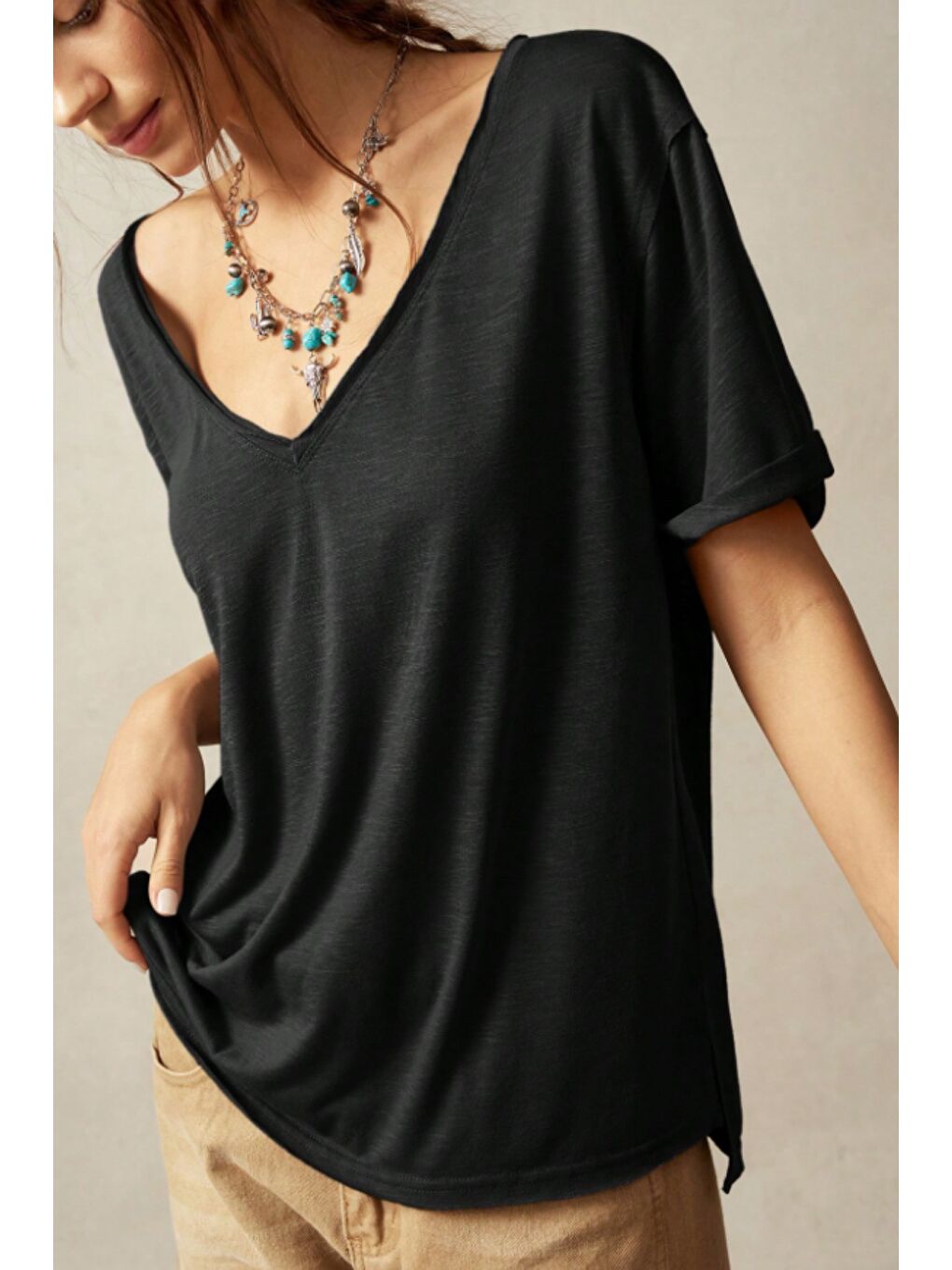 Siyah Kadın Lacivert Oversize-Salaş V Yaka Basic Tişört-4