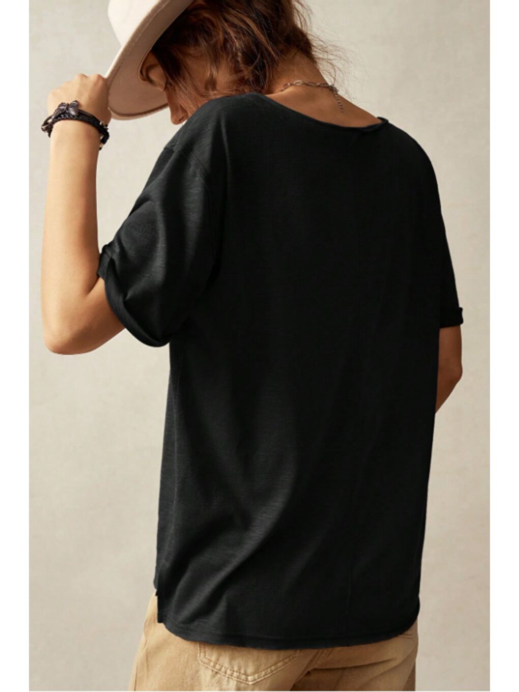 Siyah Kadın Lacivert Oversize-Salaş V Yaka Basic Tişört-5