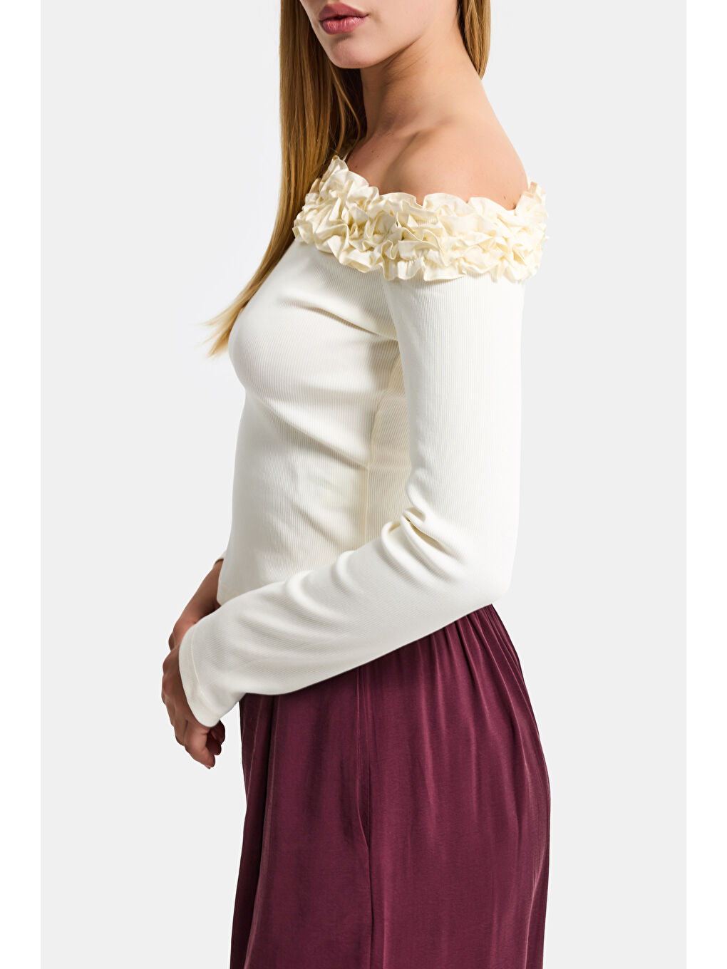 Kadın Ekru Sarı w5 Organik Pamuk Kumaş Tek Kol ve Gül Detaylı Tasarım Bluz-5