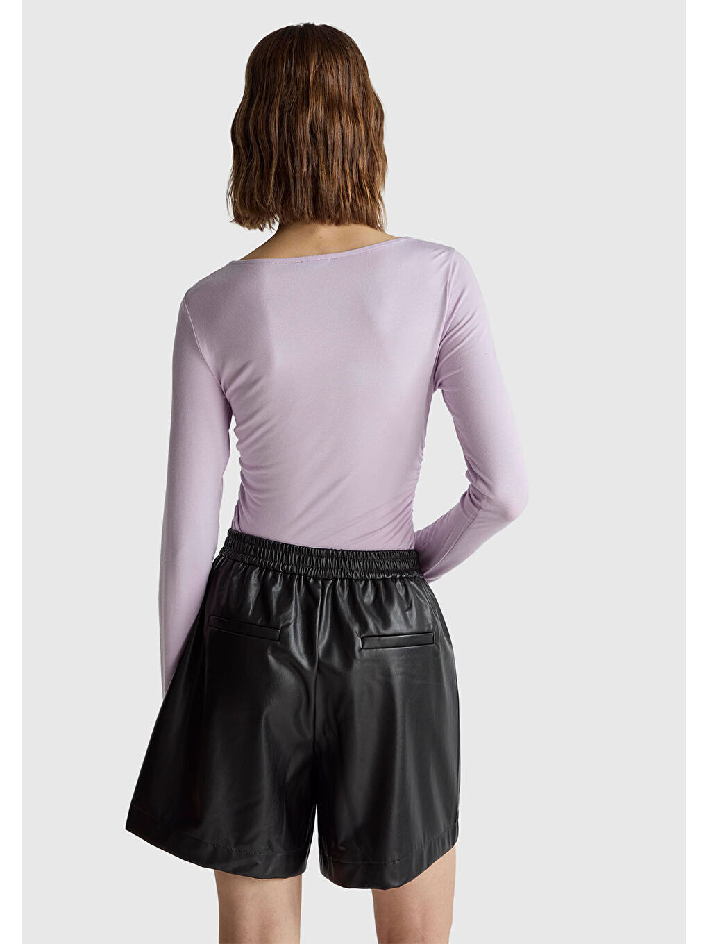 Kadın Lila Modal Karışımlı Slim Fit Kayık Yaka Uzun Kollu T-Shirt-2