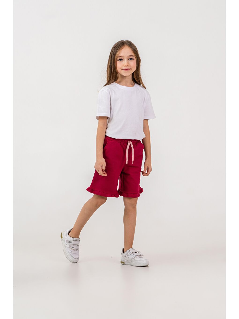 Pembe Fırfırlı Kiraz Baskılı Kız Çocuk Şort-1