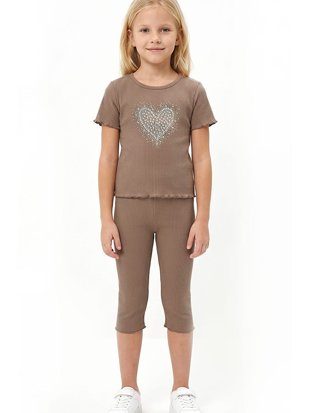 Kahverengi Kız Çocuk Taş İşlemeli Kalp Desenli Alt-Üst Takım 4-12 Yaş 12562