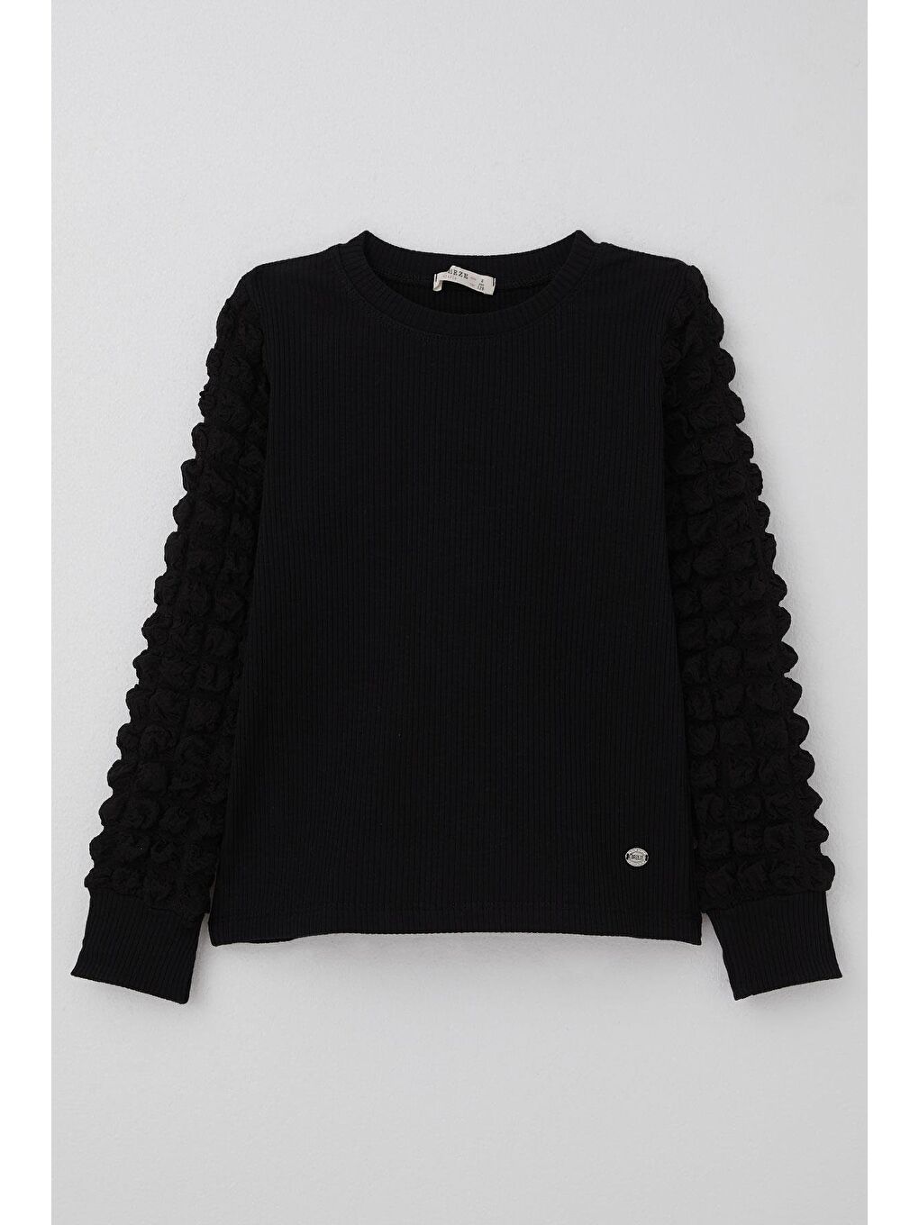 Kız Çocuk Uzun Kollu Tişört Kolları Bürümcük Kumaş Detaylı Siyah (8 Yaş)