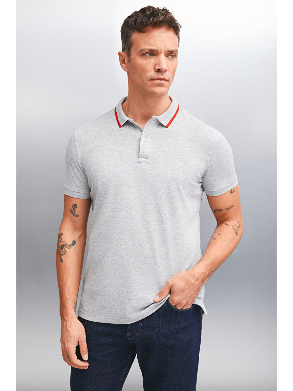 Rhodes Erkek Gri Melanj Polo Yaka T-shirt-2