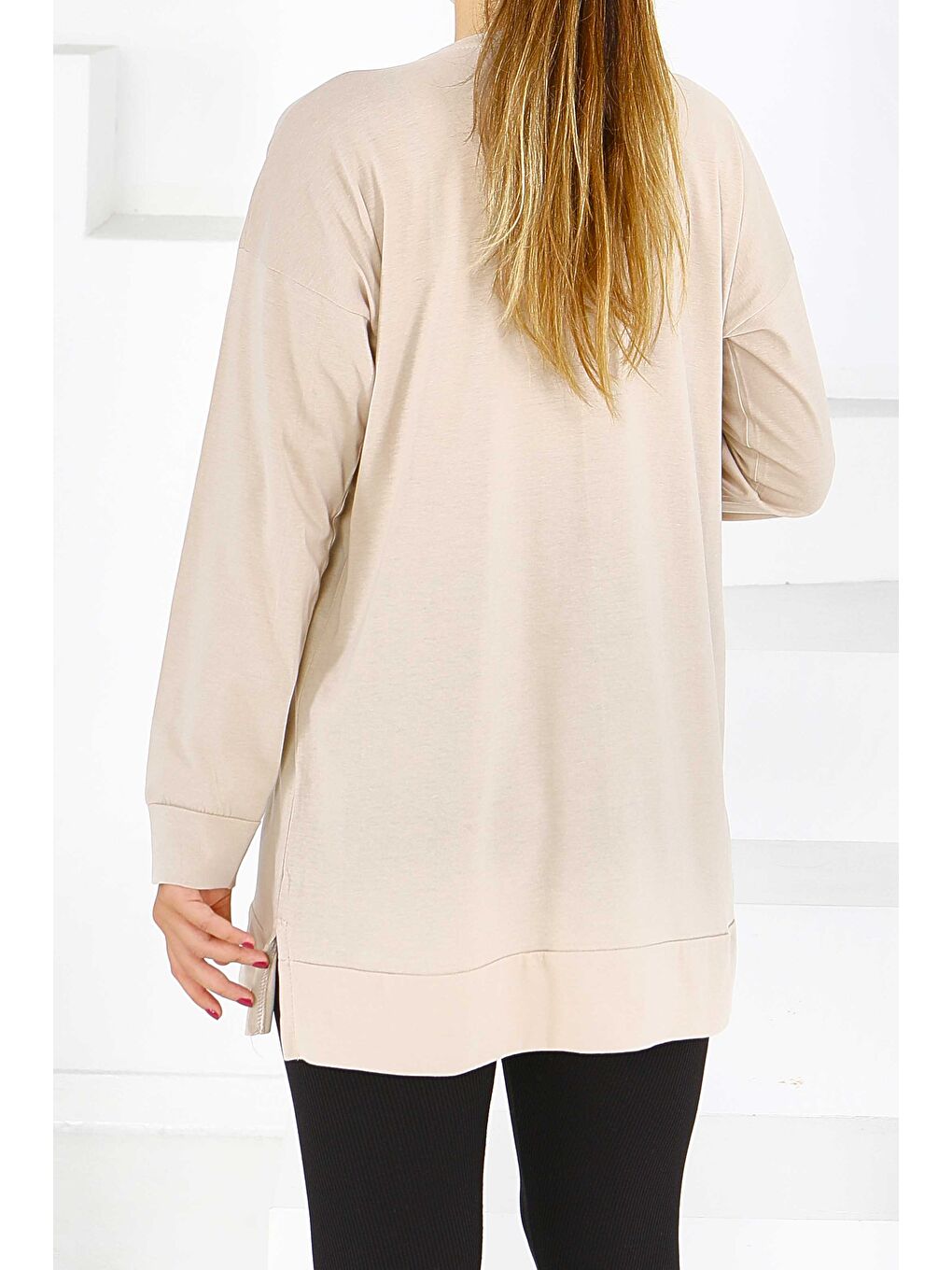 Uzun Kollu Baskılı Süprem Tunik Bej - 27587-3
