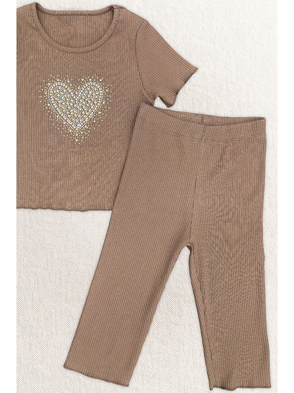 Kahverengi Kız Çocuk Taş İşlemeli Kalp Desenli Alt-Üst Takım 4-12 Yaş 12562-1