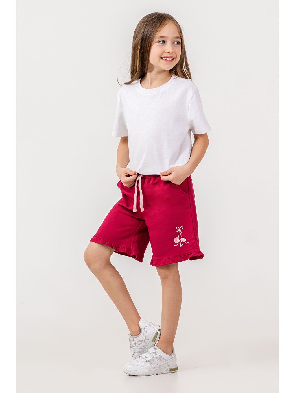 Pembe Fırfırlı Kiraz Baskılı Kız Çocuk Şort-2