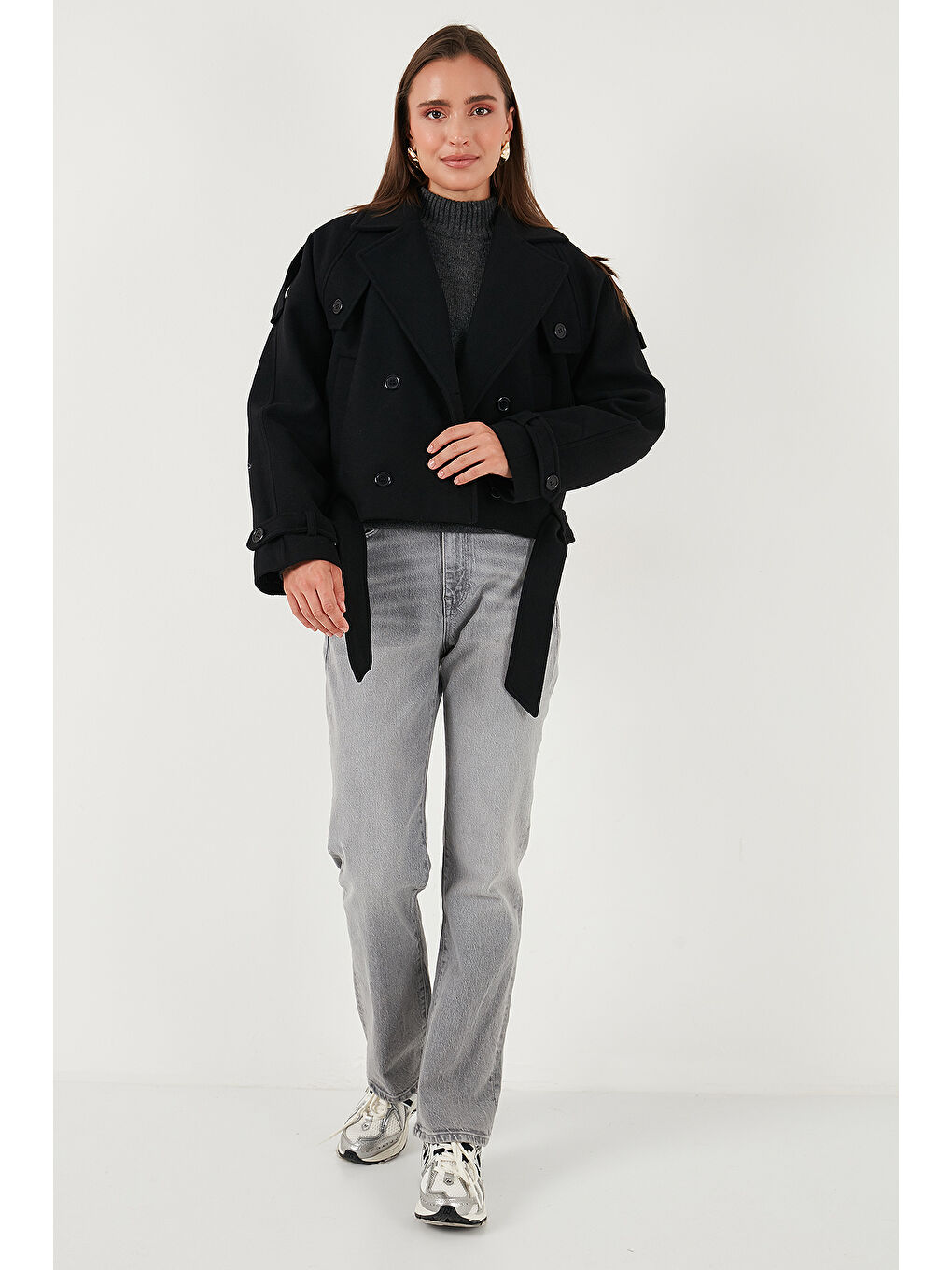 Siyah Pamuklu Regular Fit Yumuşak Dokulu Kaşe Kısa Kaban 6810286-1