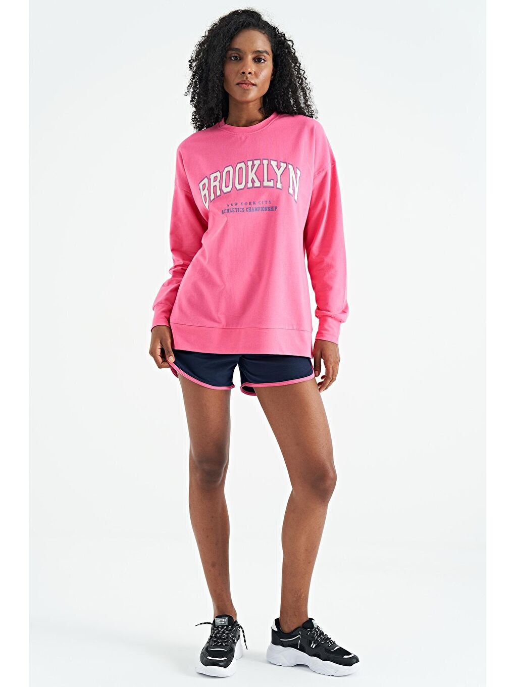 Veryperi Pembe Şeker Pembe Bisiklet Yaka Rahat Kalıp Basic Kadın Sweatshirt - 02106 - 4