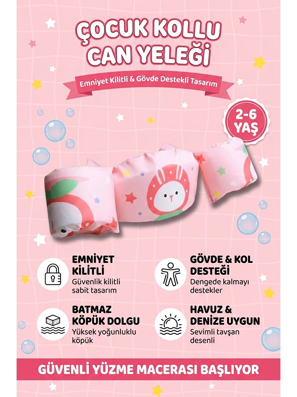 Karışık Bebek Kolluk Can Yeleği Seti Tavşan Temalı Göğüs Destekli Süngerli Güvenli Yüzme Yardımcısı Pembe