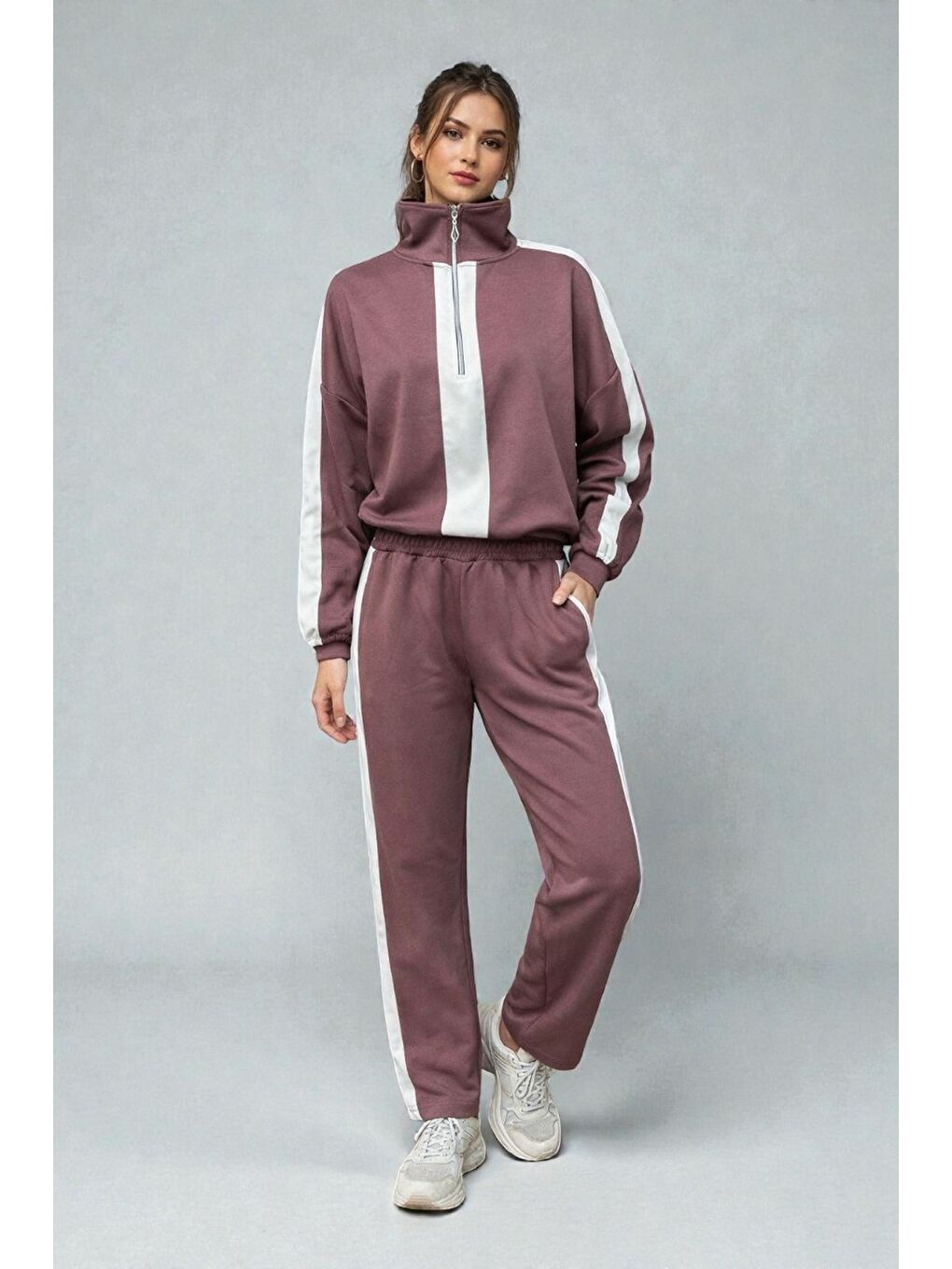 Bej Modal Kumaş Yarım Fermuarlı Şeritli Eşofman Takımı Vizon