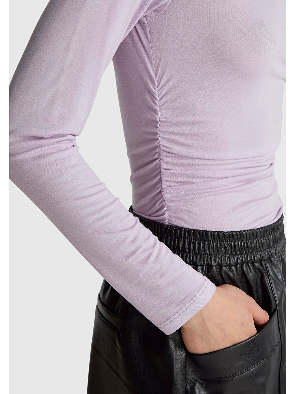 Kadın Lila Modal Karışımlı Slim Fit Kayık Yaka Uzun Kollu T-Shirt-5