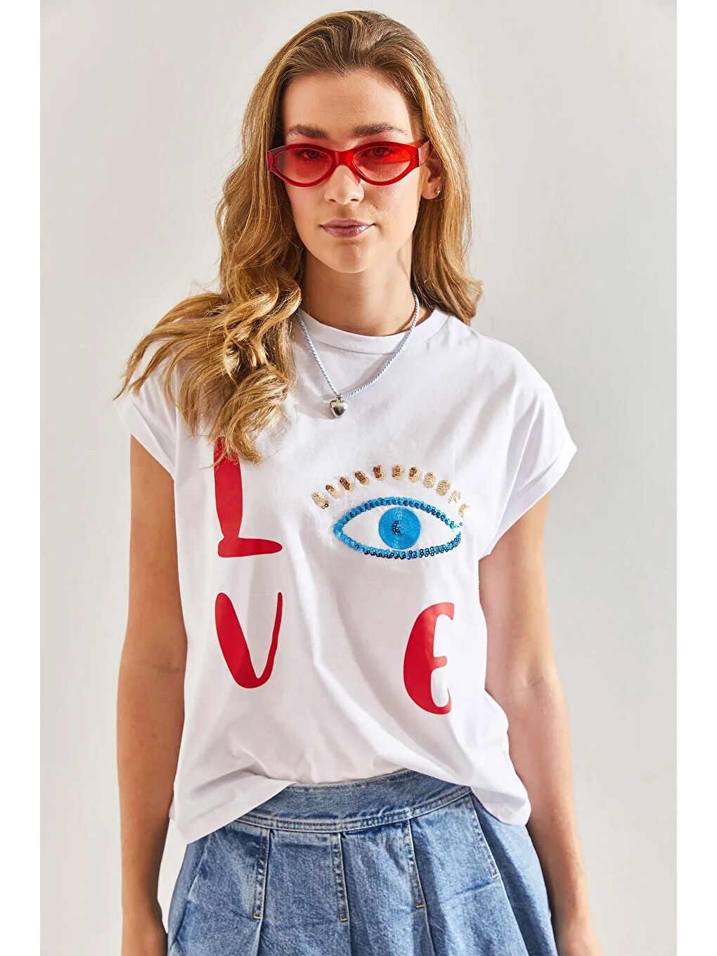 Beyaz Kadın Nakış İşlemeli ve Baskılı Penye Tshirt 60171001