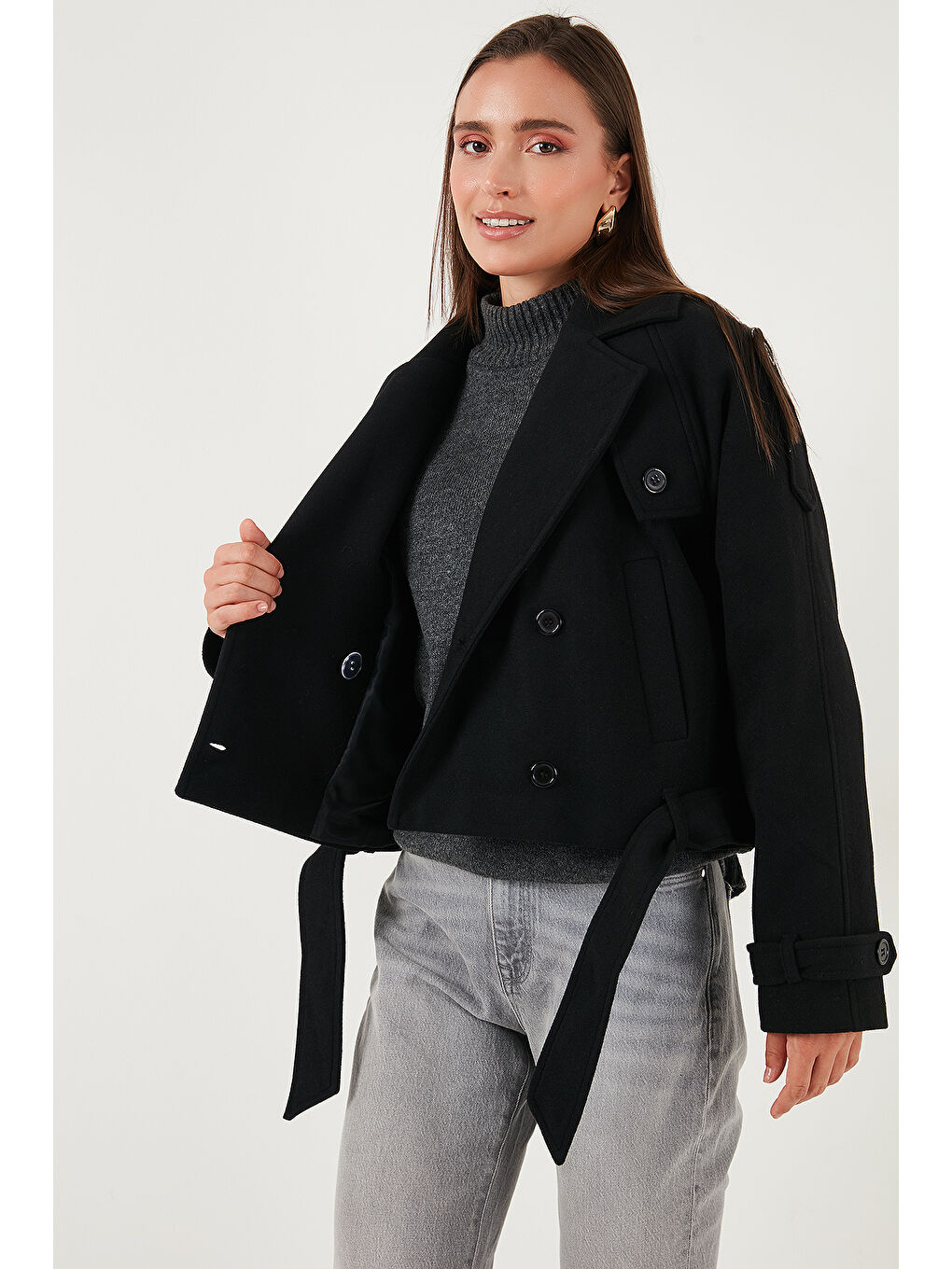 Siyah Pamuklu Regular Fit Yumuşak Dokulu Kaşe Kısa Kaban 6810286-2