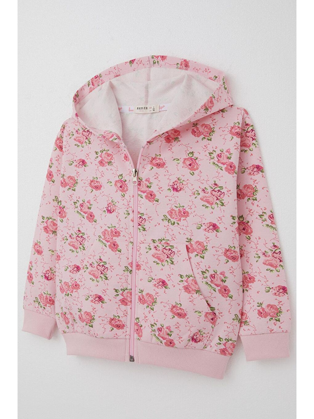 Kız Çocuk Hırka Çiçek Desenli Fermuarlı Kapüşonlu Pembe  1 5 5 Yaş-2