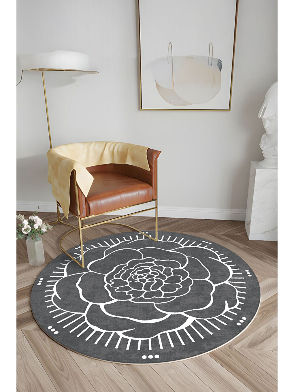 Gri Dekoratif Salon Halısı, Makinada Yıkanabilir, Kaymaz Taban, İnce & Modern Tasarım-2