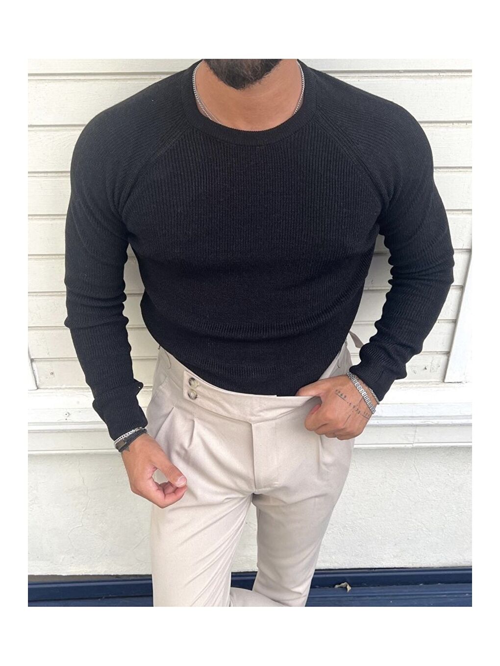 Siyah Erkek Bisiklet Yaka Triko Kazak-2