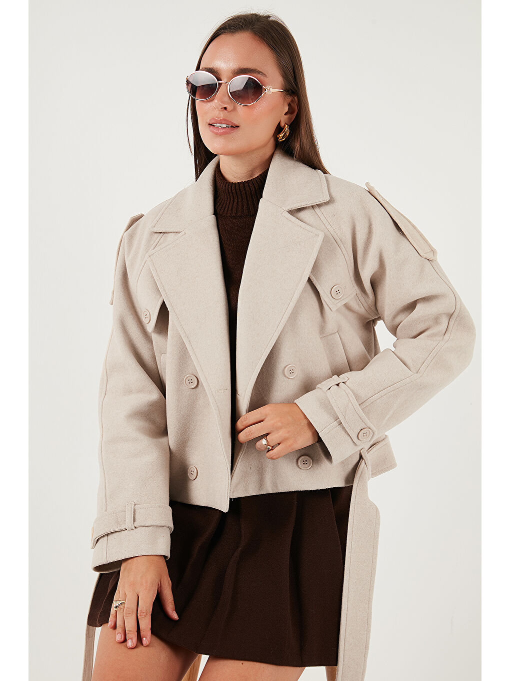 Bej Pamuklu Regular Fit Yumuşak Dokulu Kaşe Kısa Kaban 6810286