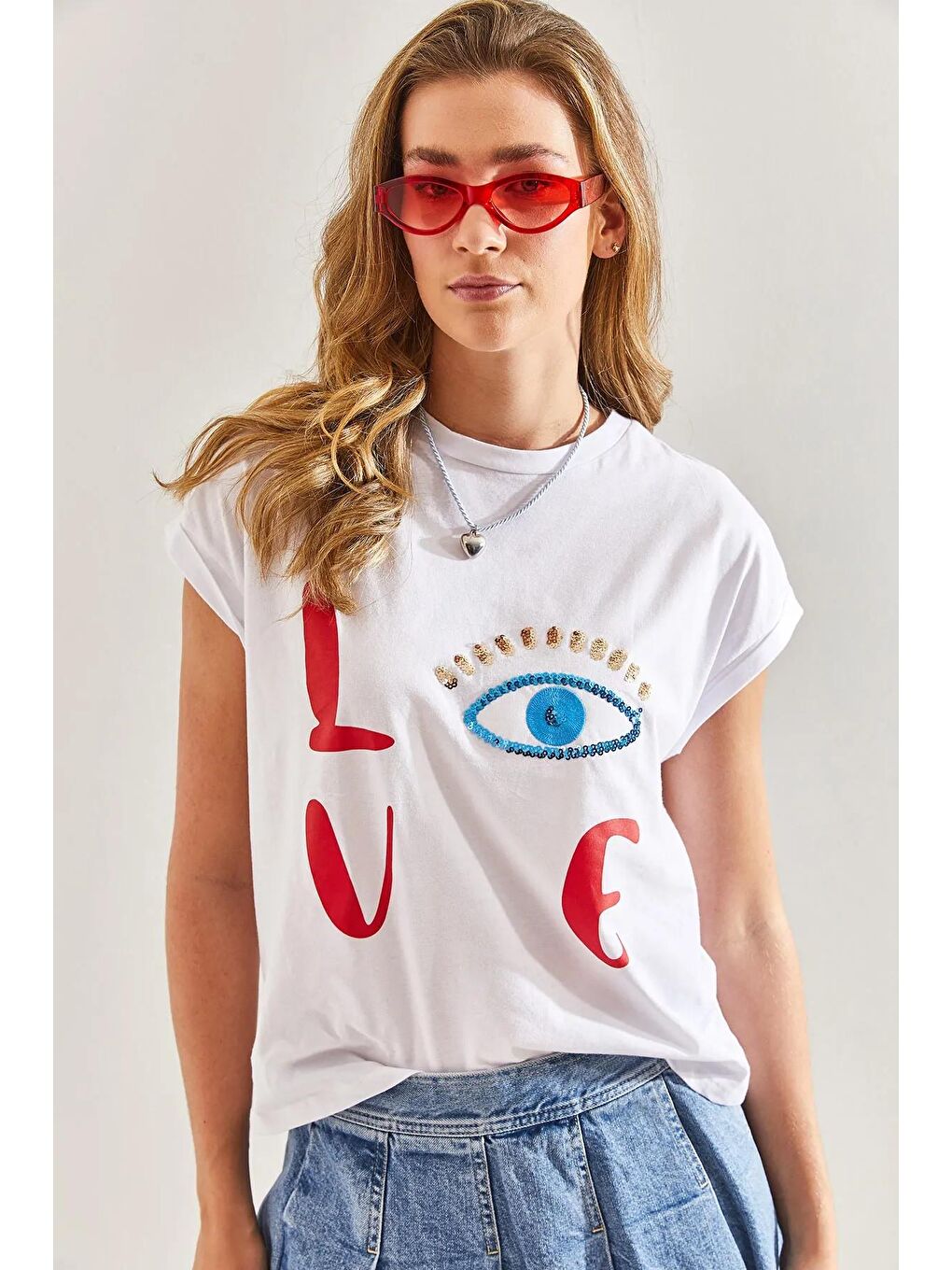 Beyaz Kadın Nakış İşlemeli ve Baskılı Penye Tshirt 60171001-1