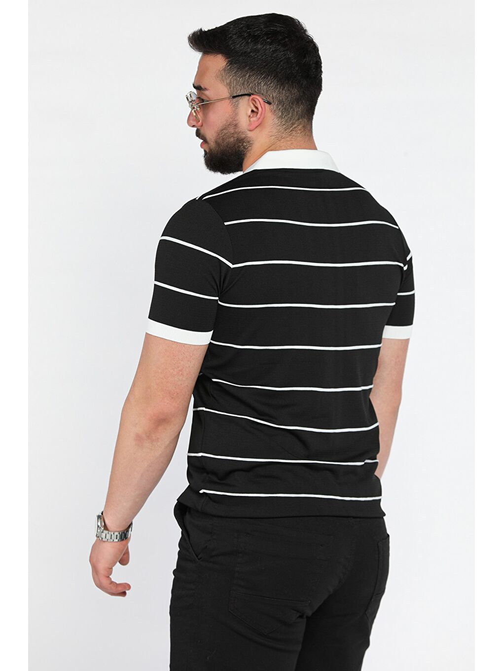 Siyah Erkek Polo Yaka Yarım Fermuarlı Çizgi Desenli Triko Tişört-2