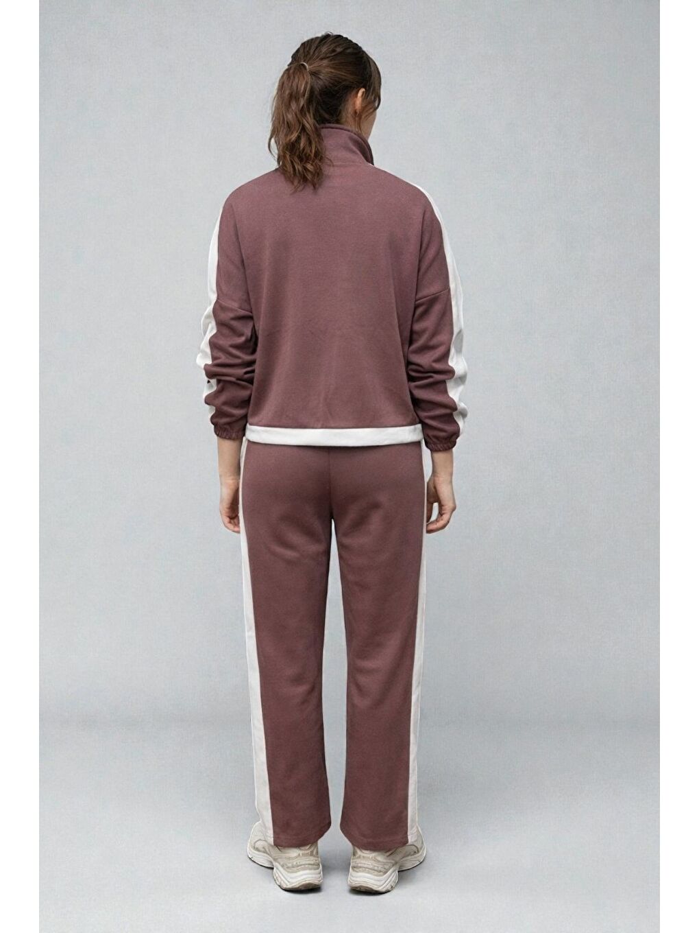 Bej Modal Kumaş Yarım Fermuarlı Şeritli Eşofman Takımı Vizon-1