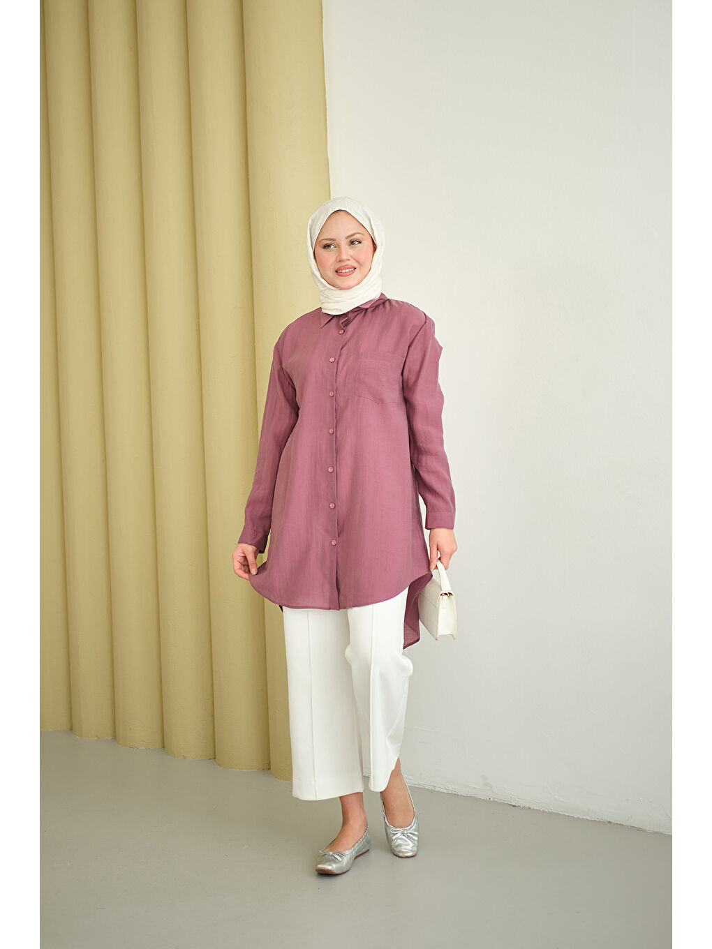 Pembe Kadın Basic Uzun Gömlek Gül Kurusu-1