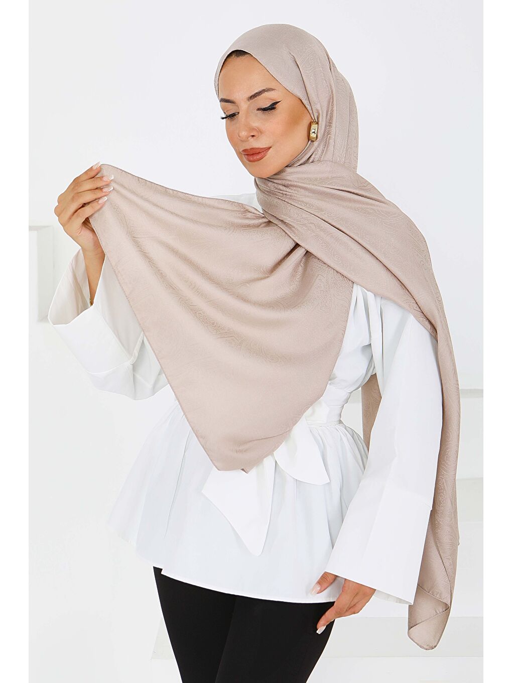 Bej Etnik Monagram Şal Vizon - 27592-1