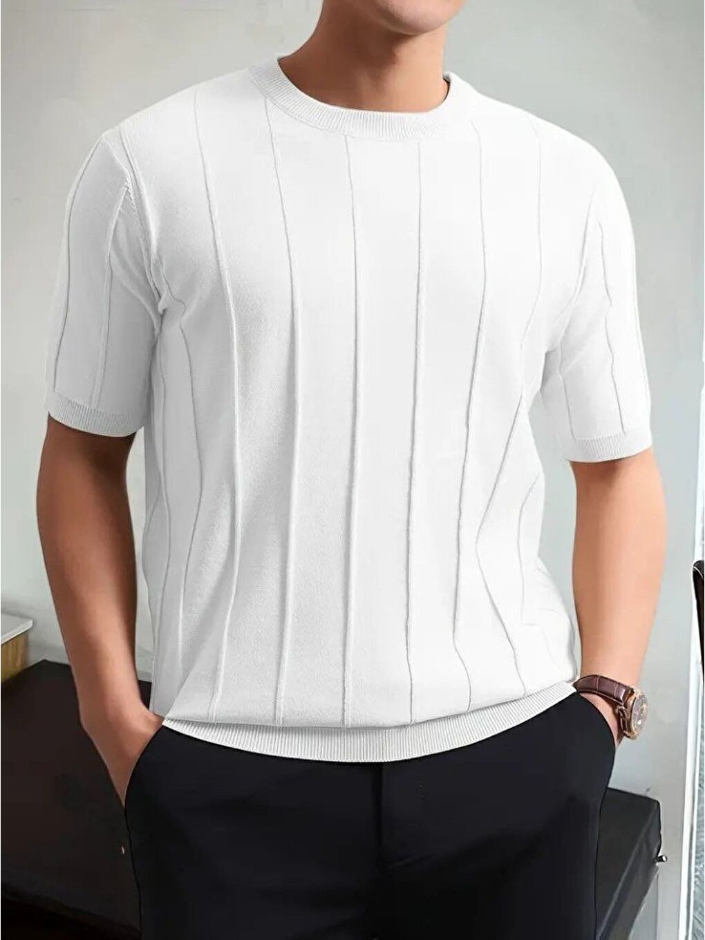 Beyaz Erkek Kısa Kollu Bisiklet Yaka çizgili Triko Tshirt-1