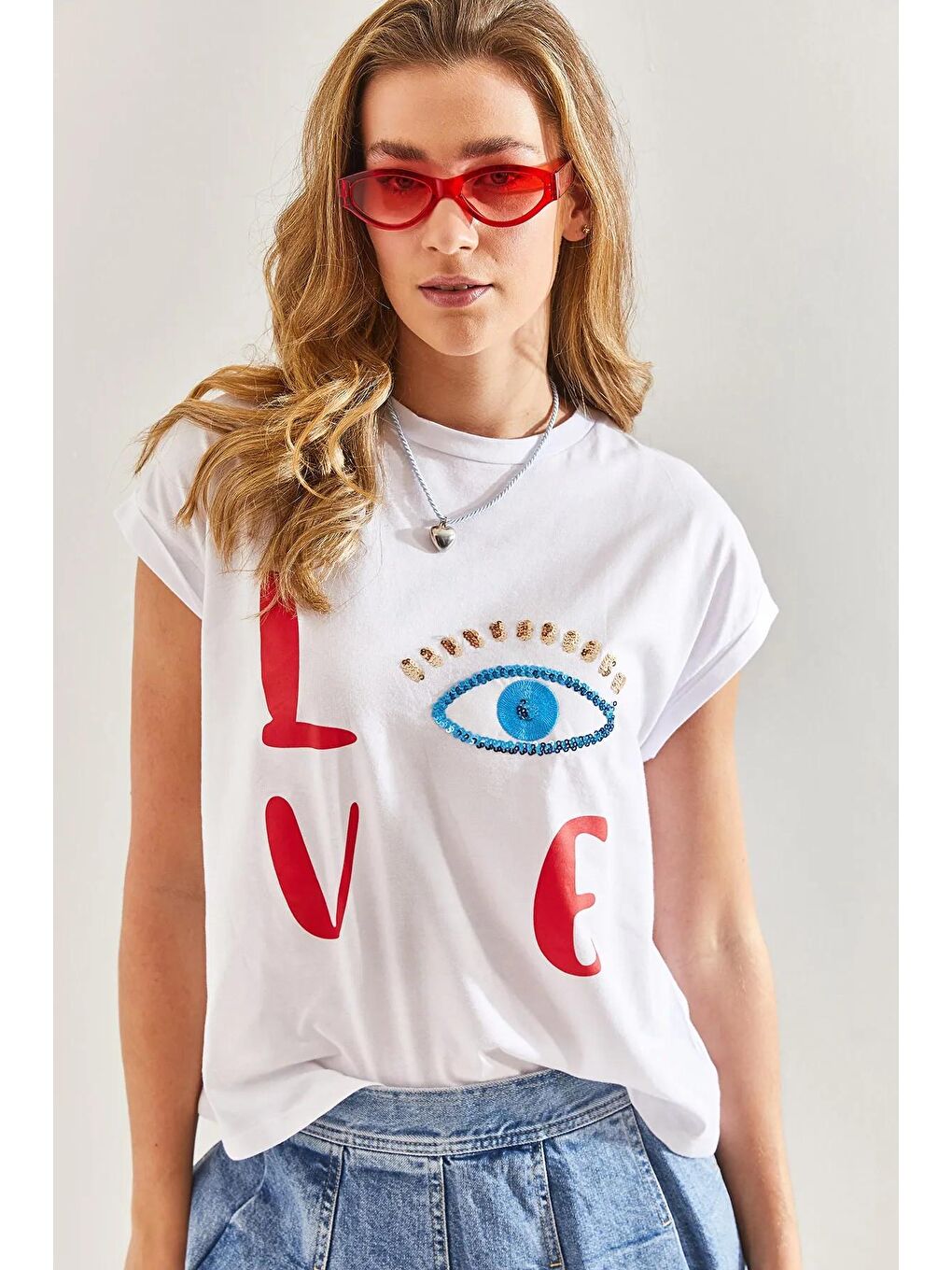 Beyaz Kadın Nakış İşlemeli ve Baskılı Penye Tshirt 60171001-3